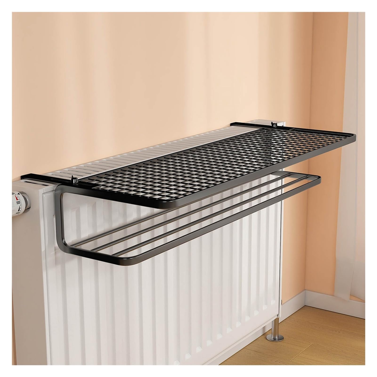 Floating Radiator Storage Shelf Rack Radiator Drying Rack 2 Shelves Iron Black White 13.7-21.6in(Black,21.6in/55cm)