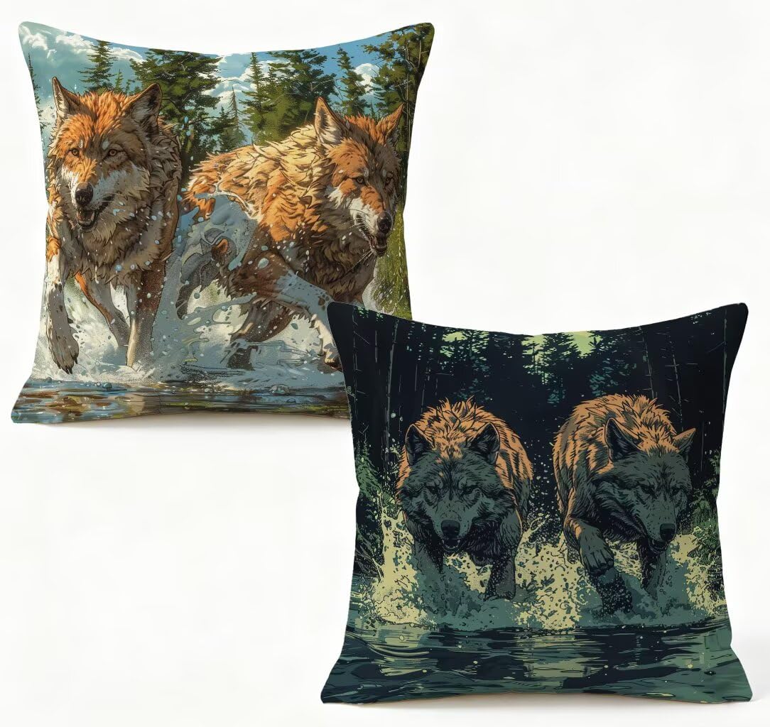 Housse coussin 75x75 en lin de haute qualité avec décoration loup double face