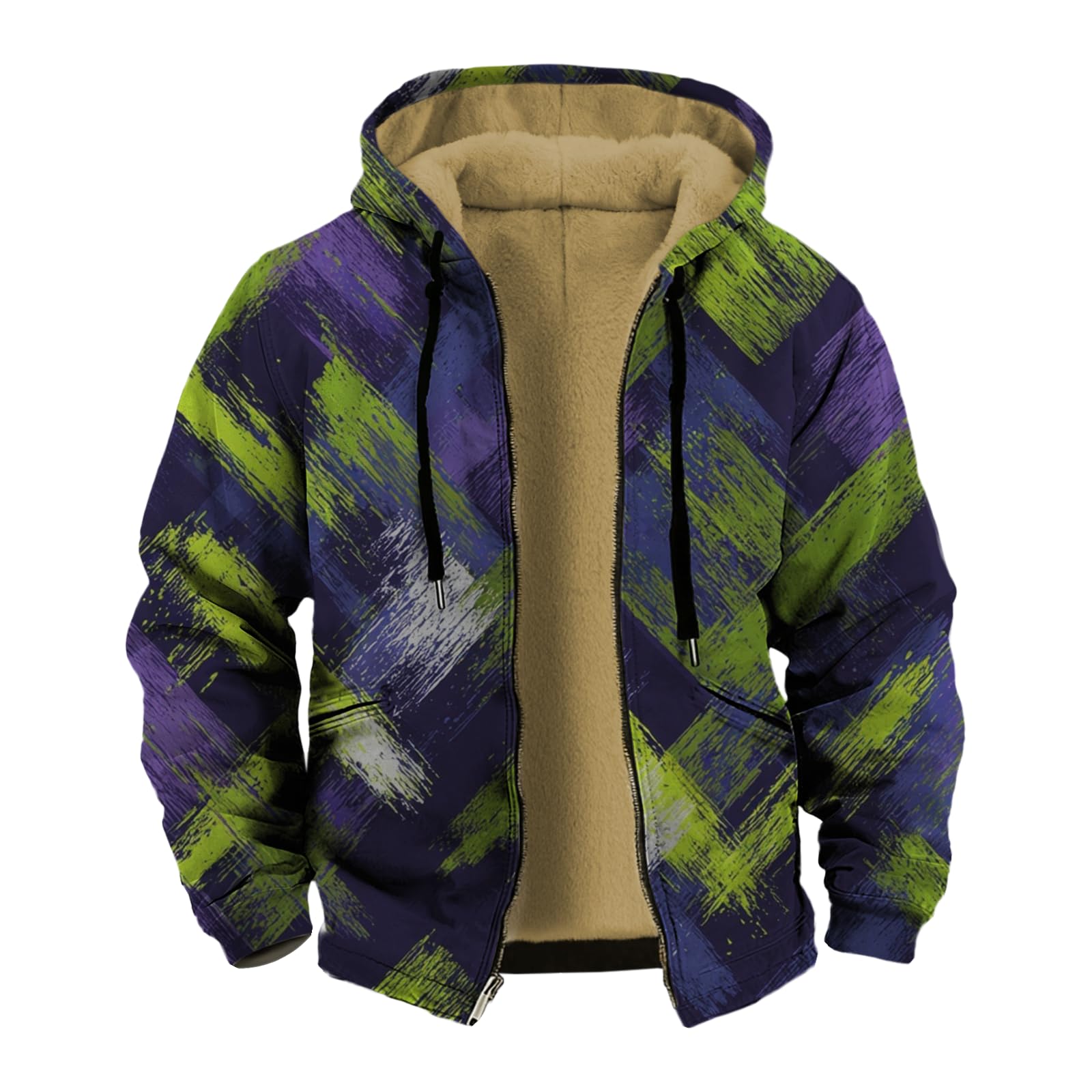 Mens Unique Print Sherpa Fleece Lined Full-Zip Jacket Big and Tall Retro Ethnic Winter Daily Coat