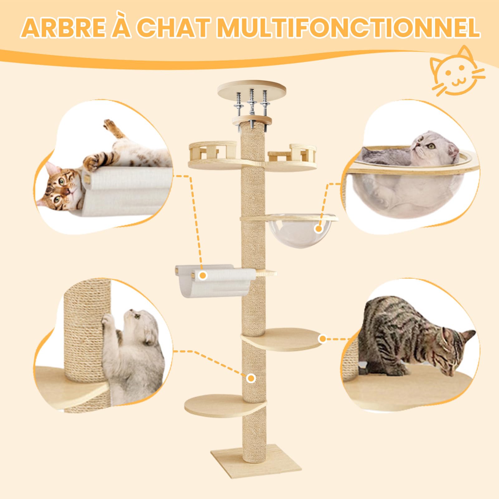Arbre a Chat Plafond du Sol au Plafond, Arbre à Chat XXL de Hauteur Réglable de 2,95 à 3,1 m, Griffoir pour Chats avec Tour à 6 Niveaux avec 7 Poteaux à Griffer en Sisal (Jaune)