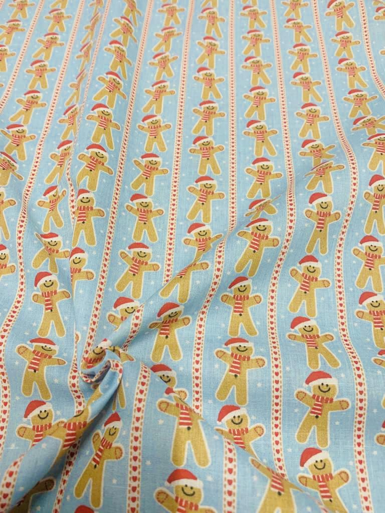 100% Polycotton Christmas Fabric - Gingerbread Men Candy Canes Hats Stars Hearts Puddings Tress (Per Metre) - Sewing Quilting Dress Fabric - Simply Sew Crafty™ (Gingerbread Line on Blue)
