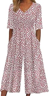 Women's Casual Jumpsuits 2025 Summer Trendy Wrap V Neck Short Sleeve Wide Leg Pants Floral Print Rompers with Pockets