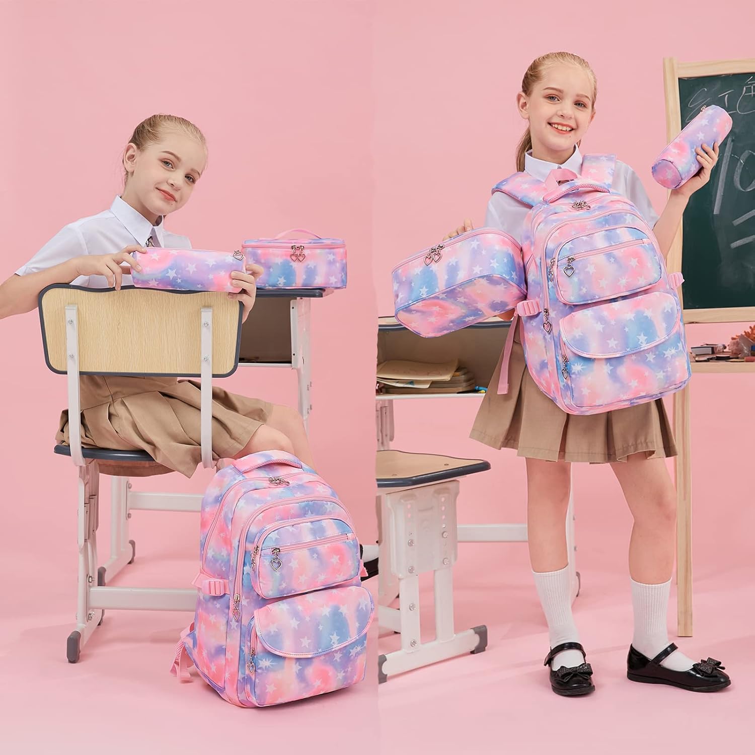 goldwheat Star Printed Backpack With Lunch Pack Pencil Case 3pcs Sets For Elementary Students Teens Knapsack