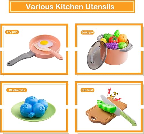 Miniatura 4 de JokerKing 35 piezas de accesorios de juguete de cocina para niños, juego de cocina de simulación con ollas y sartenes, utensilios de cocina,
