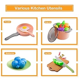 35Pcs Kids Kitchen Toy Accessories, Toddler Pretend Cooking Playset with Play Pots, Pans, Utensils, Cookware, Play Food Set, Toy Vegetables, Learning Gift for Girls & Boys (Pink)