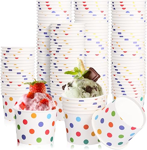 Gerrii 1000 tazas de helado a granel, cuencos de postre de papel desechables de 8 onzas, recipiente de yogur congelado de lunares arcoíris para