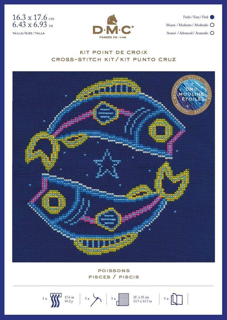 DMC Star Sign Cross Stitch Kit - Pisces, Includes Aida Fabric 5.5pts/cm, Mouliné Étoile Thread, Needle and Chart