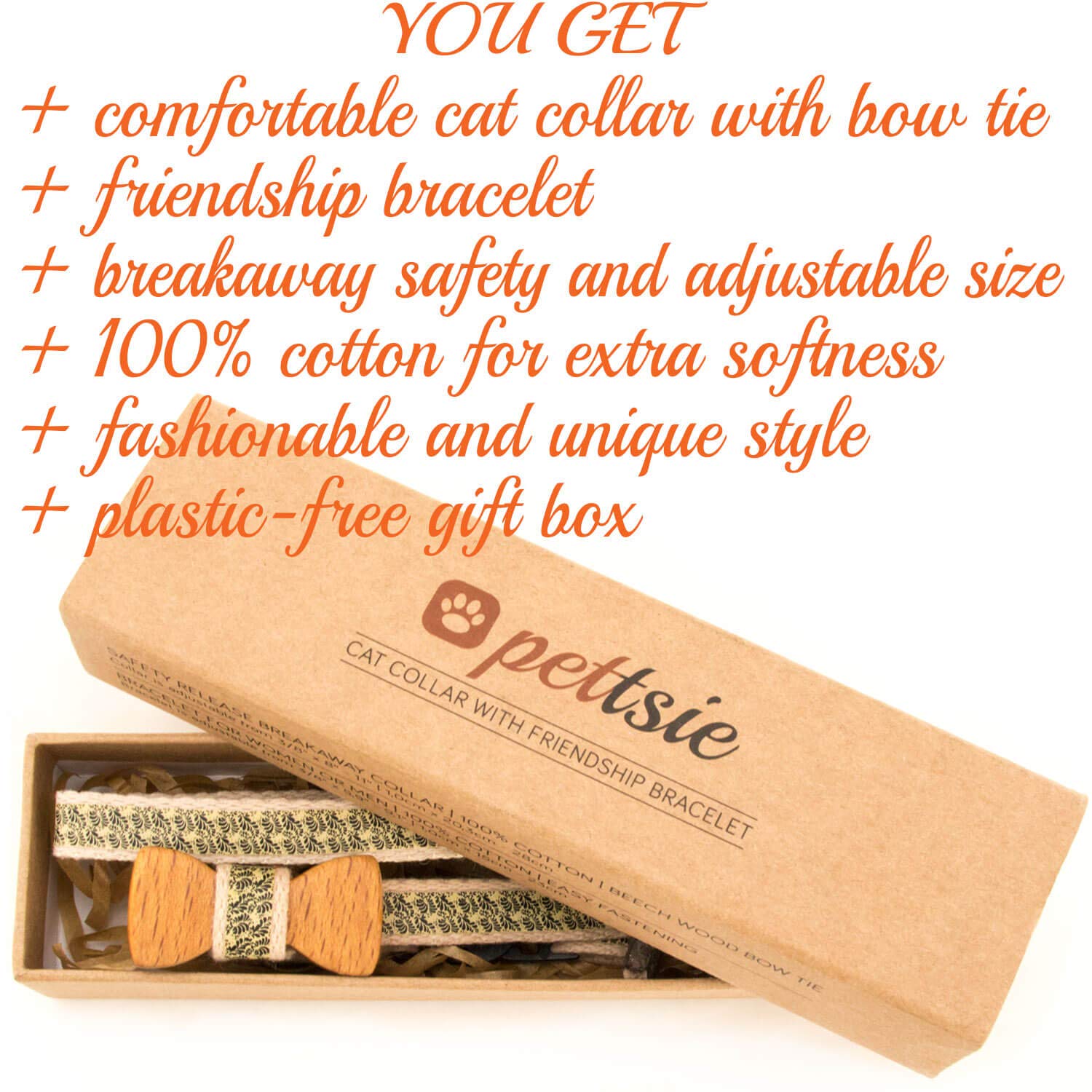 Pettsie collare di sicurezza per gatti con papillon e braccialetto dell'amicizia per te, 100% cotone resistente per una maggiore sicurezza, anello a D per accessori (20,3-28 cm)