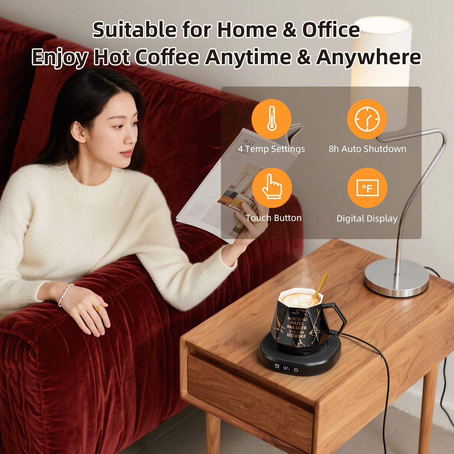 Chauffe-tasse à café et superbe ensemble de tasses en diamant, 8 h, arrêt automatique intelligent, chauffe-tasse à café électrique pour bureau, maison, 4 réglages de température, chauffe-bougie, thé