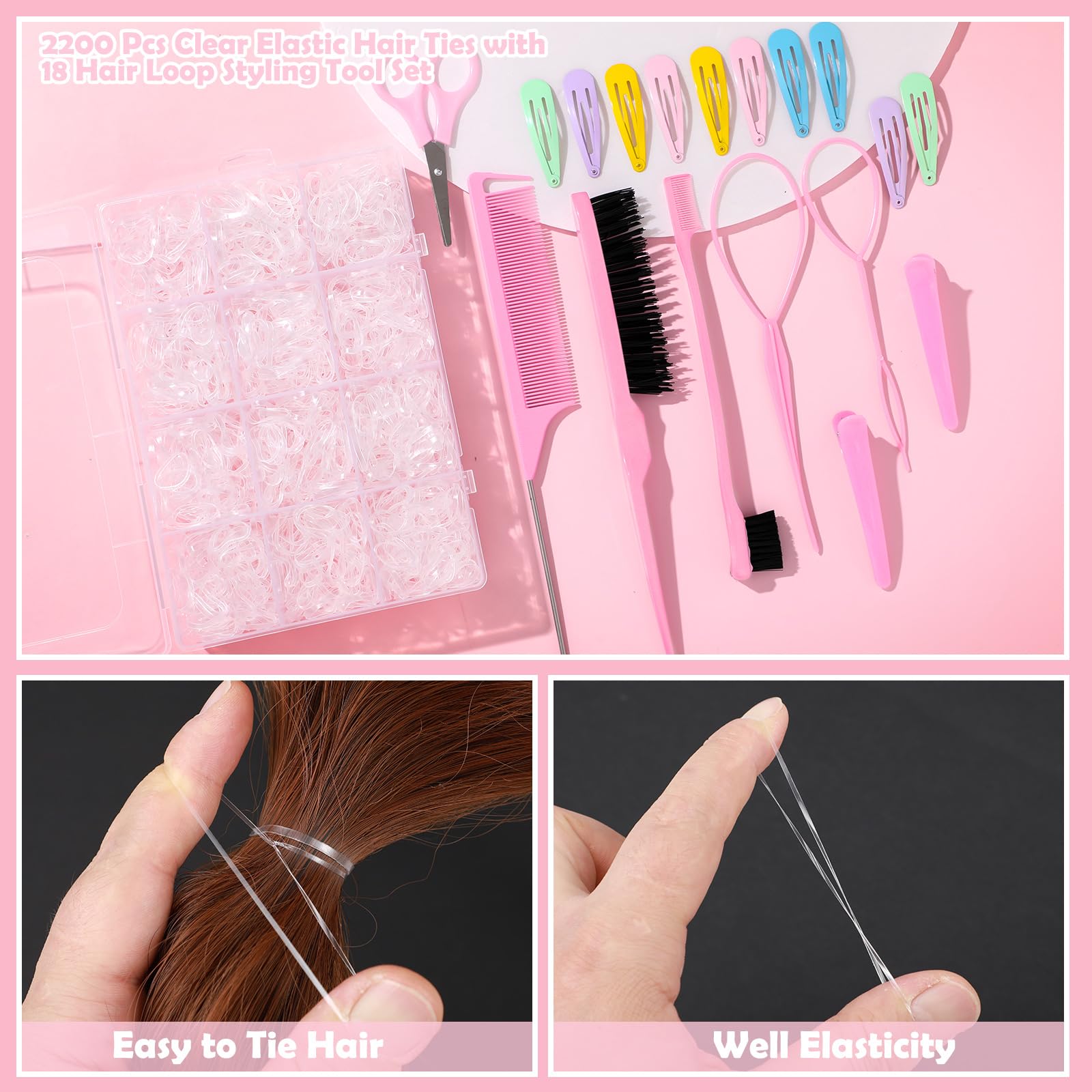 Juego de 2200 lazos elásticos transparentes para el cabello con 18 herramientas para peinar el cabello, mini bandas elásticas transparentes para el cabello, tijeras para cortar el pelo, accesorios