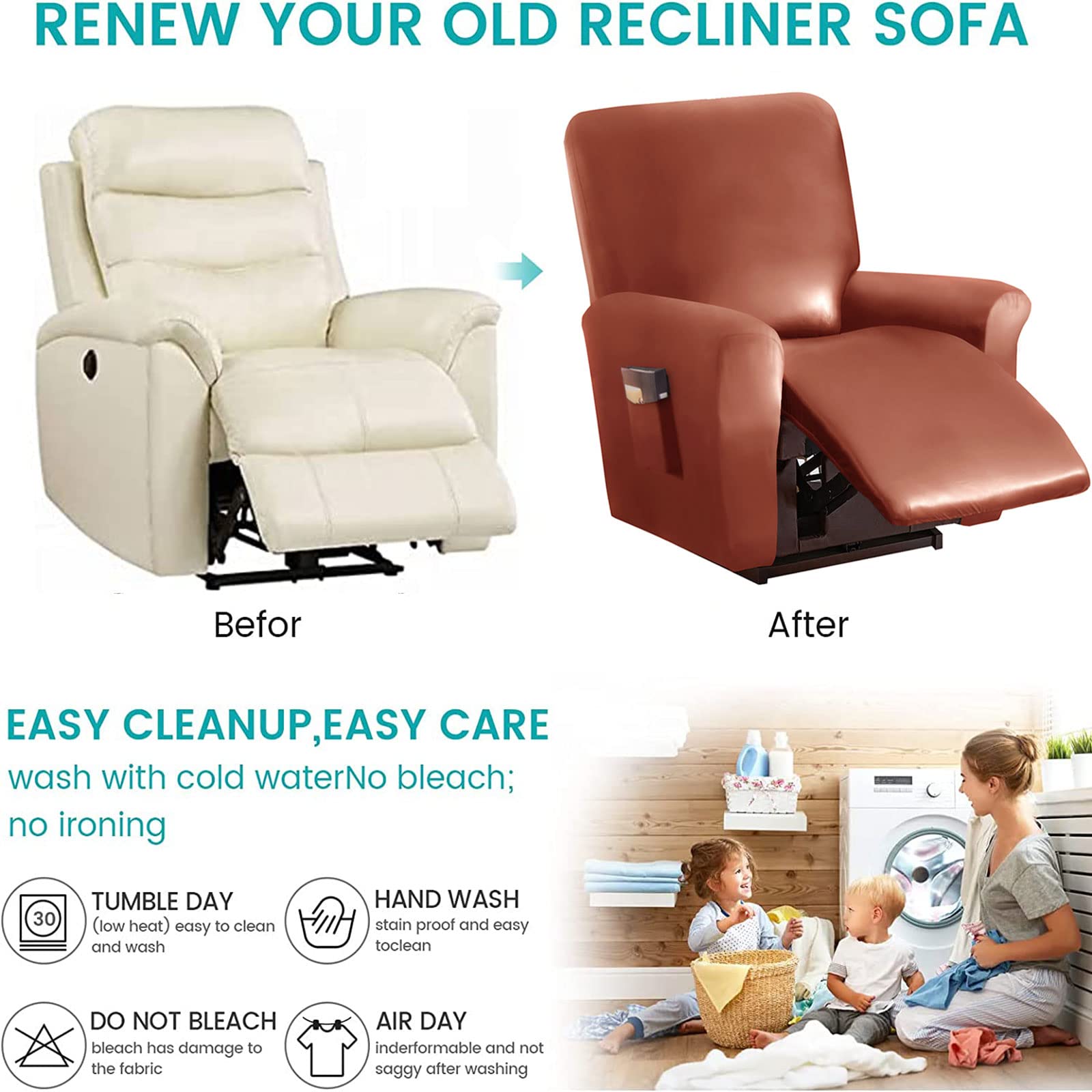Copripoltrona Relax Reclinabile Impermeabili 4 Pezzi, Fodera per Poltrona Reclinabile Elasticizzate in Pelle PU per 1 Posti, Fodera per Sedia Reclinabile Lavabile Antiscivolo Sal(Color:Caffè Profondo)