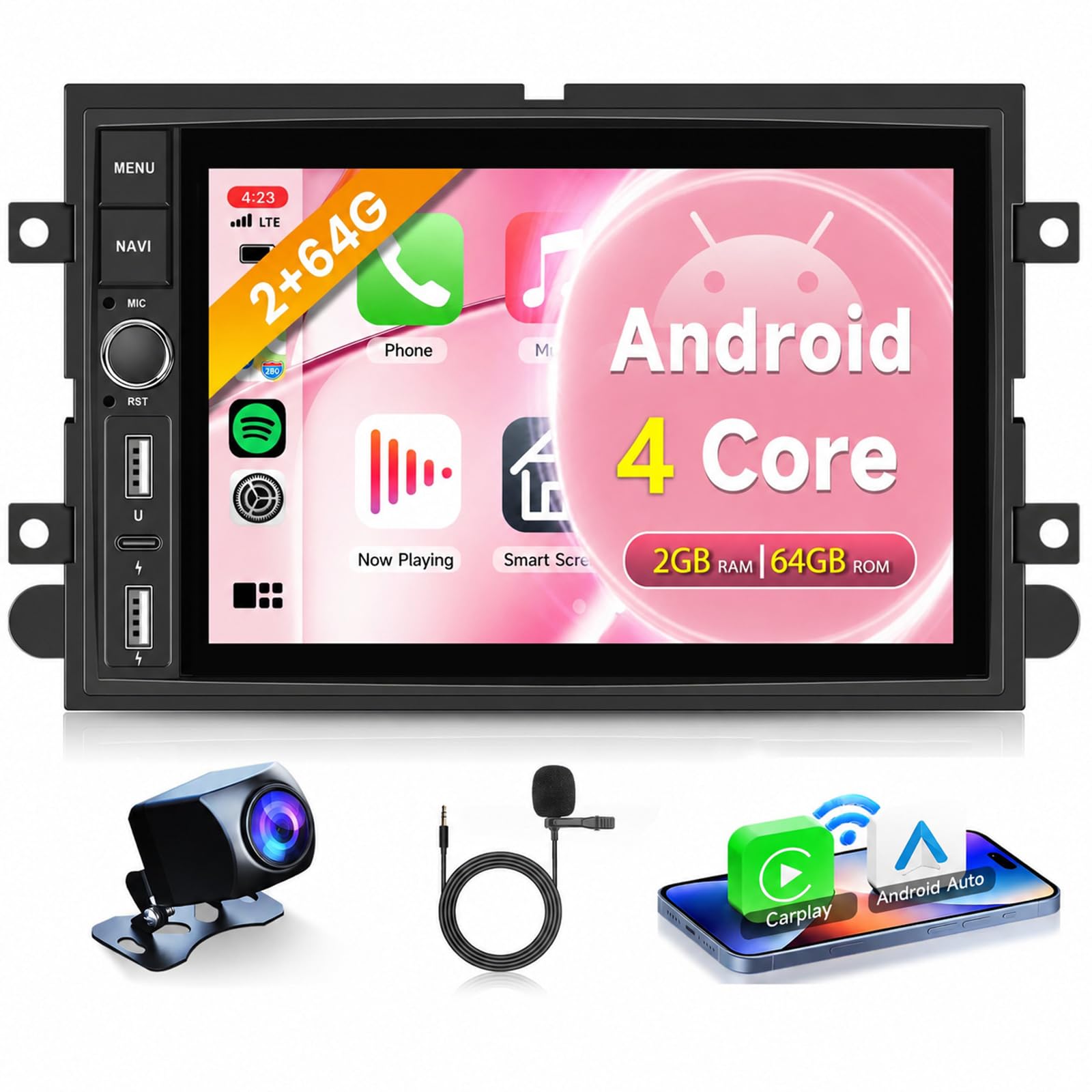 2g+64g android car radio for ford f150/f250/f350 2004-2014 with type-c, rimoody car stereo with carplay android auto 7 inch touchscreen gps navigation mirror link bluetooth fm/rds swc backup camera