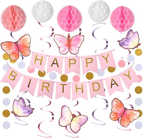 16 Stück Happy Birthday Girlande Geburtstagsdeko Mädchen Frauen Rosa, Wirbel Wab