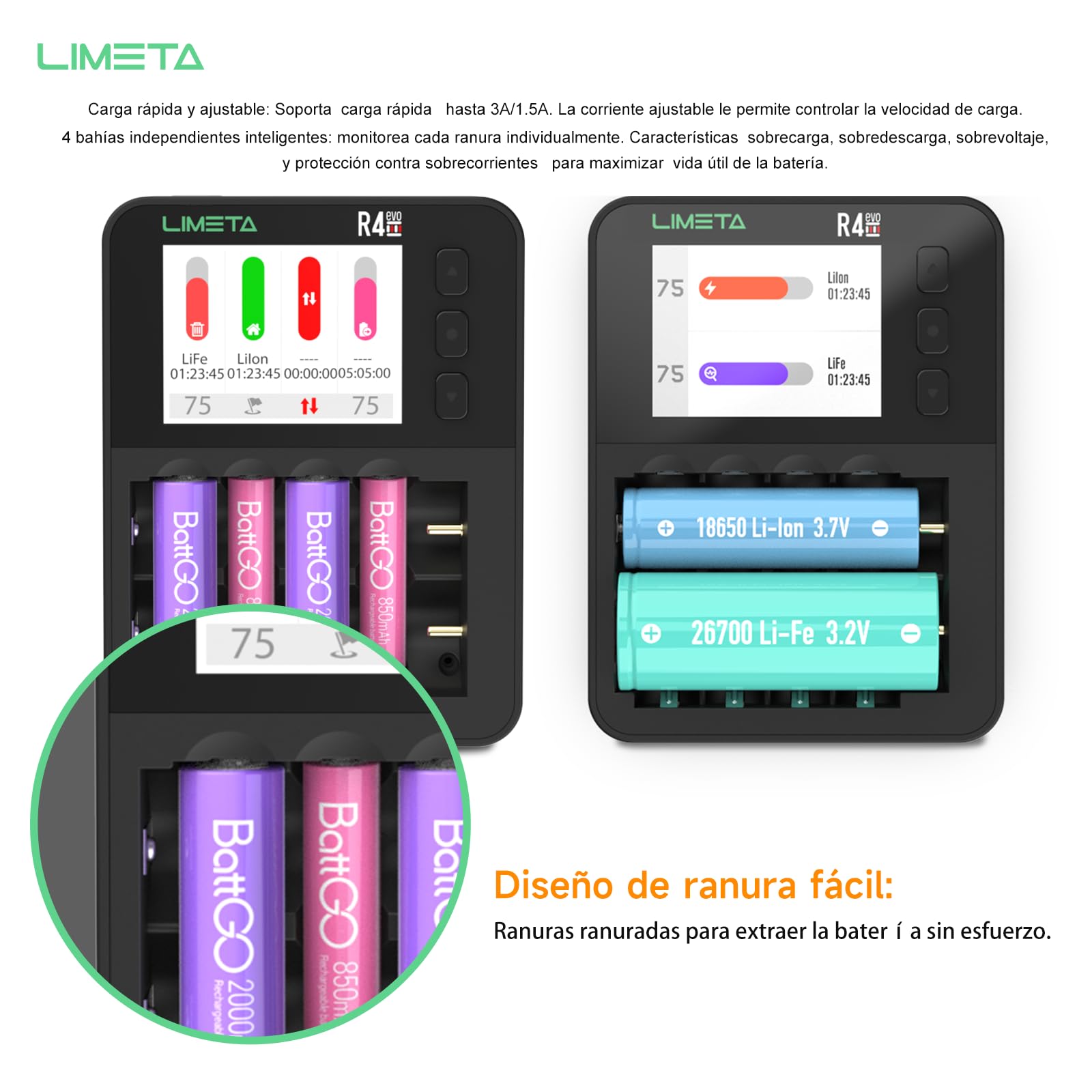 LIMETA Cargador de batería Inteligente AA AAA 6 Ranuras LCD más rápido 18650 Cargador de batería Tipo C QC3.0 de Salida de Litio con función de Carga y Descarga cíclica