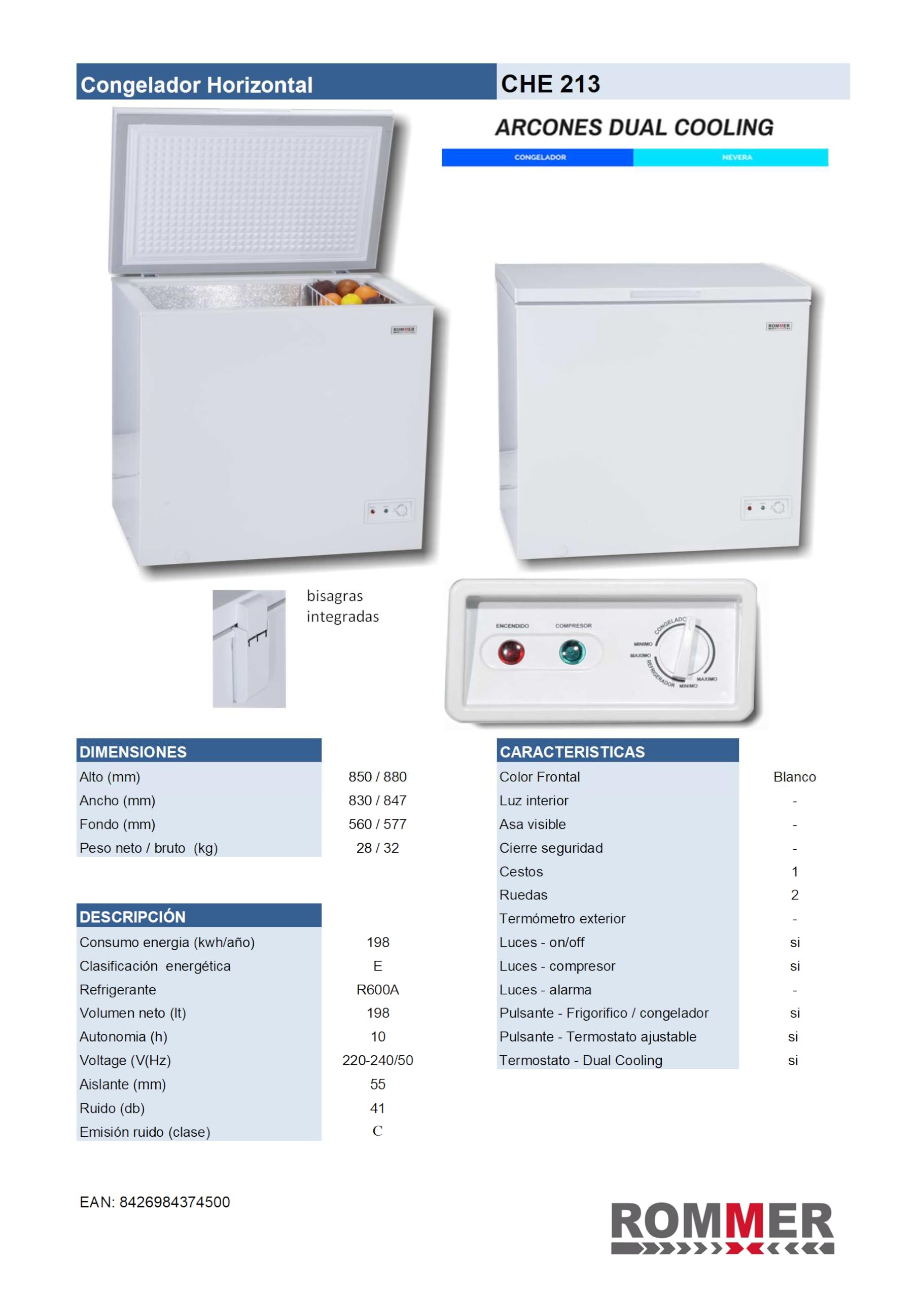 Congelador horizontal Rommer CHE 213, capacidad 200 Litros, Clase energética E, color blanco