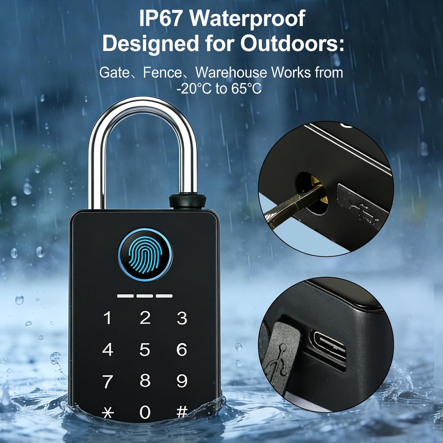 Heavy Duty Fingerprint Padlock, Smart Padlock with Key, 6 in 1 Biometric Padlock with Fingerprint/Password/APP/NFC, IP67 Waterproof Digital Outdoor Padlock Weatherproof for Gate/Fence/Shed/Storage