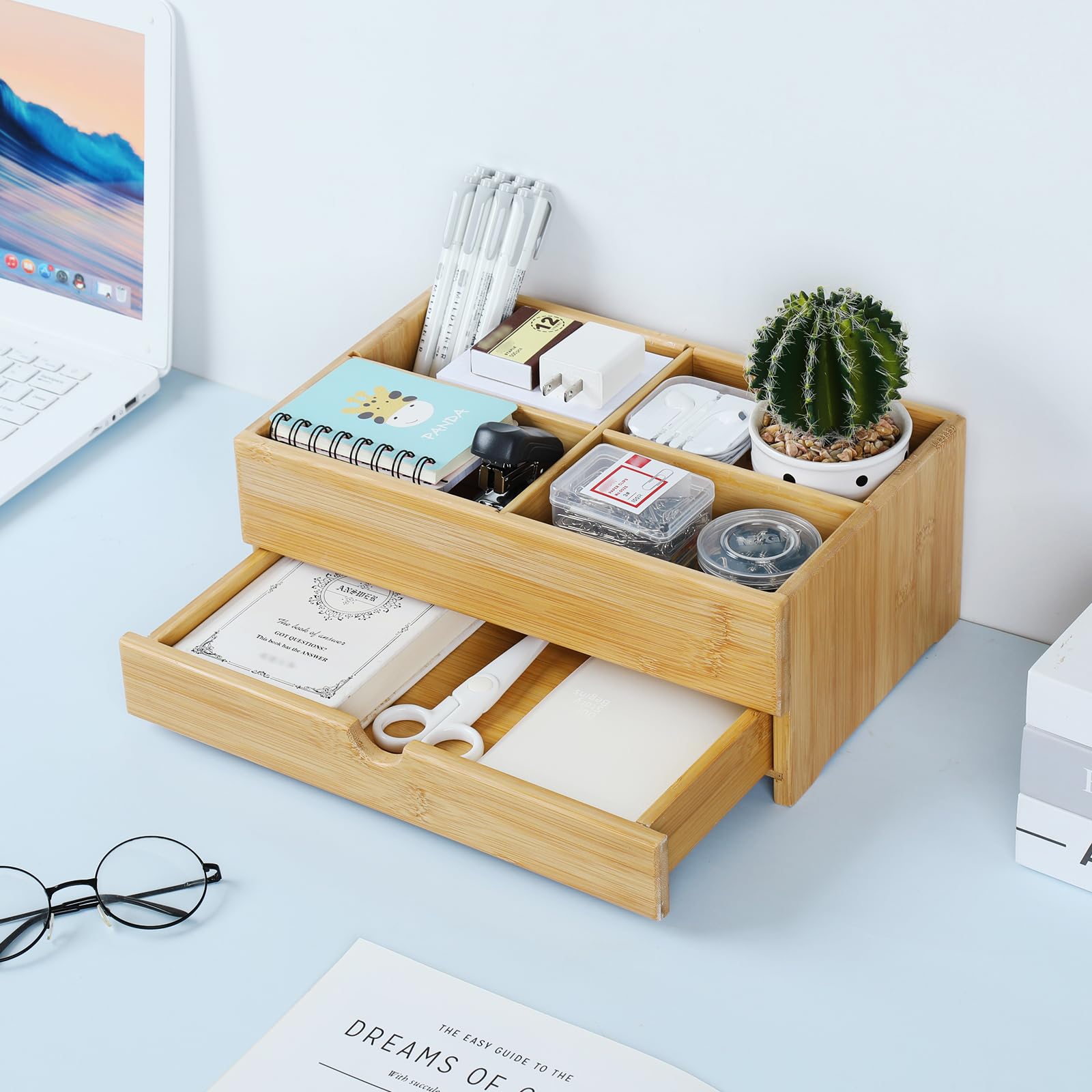 GOBAM Bamboo Makeup Storage Drawer Organizer with Removable Dividers