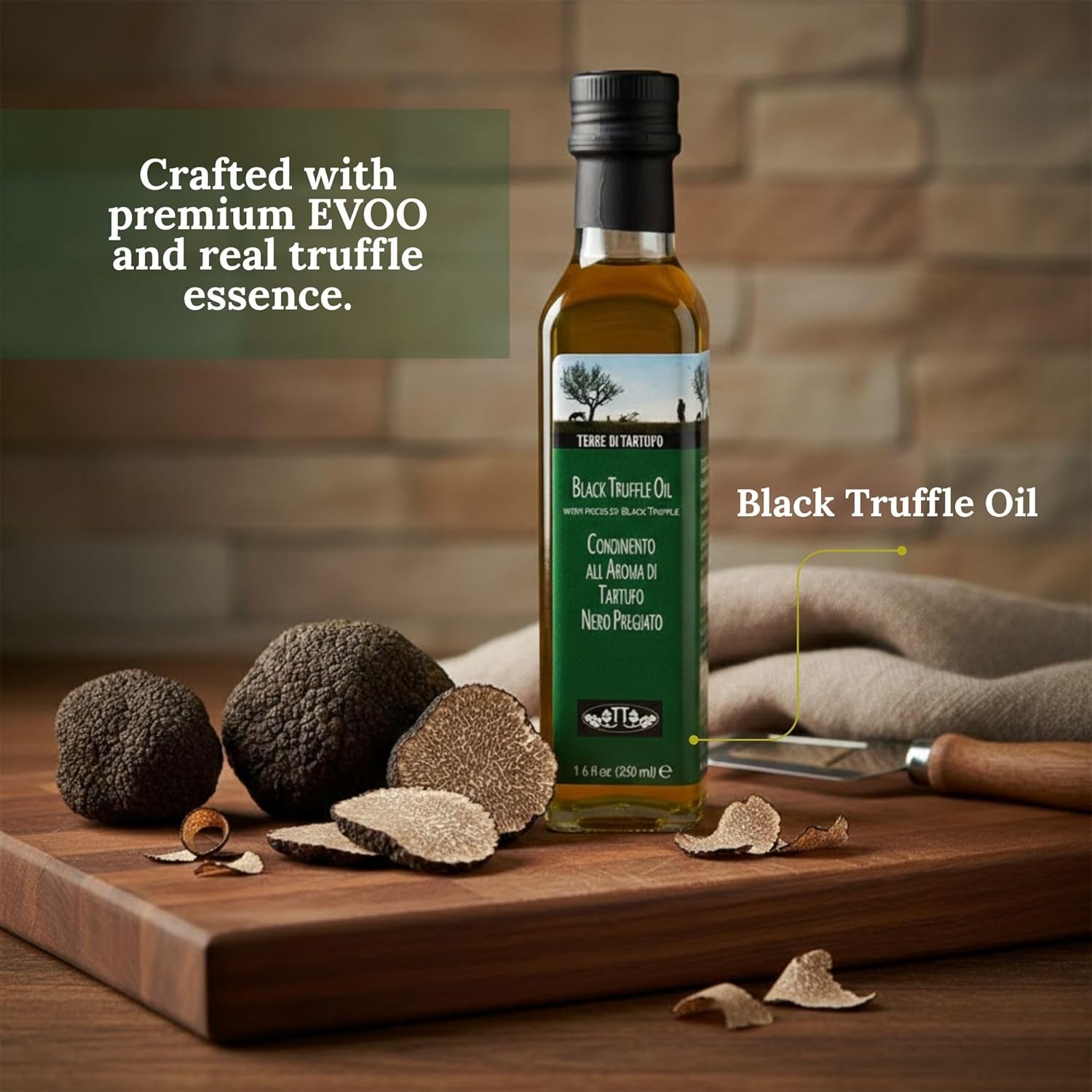 Terre di Tartufo Black Truffle Olive Oil 8.4 fl oz (250ml) – Italian Extra Virgin Olive Oil Flavored & Infused with Real Black Truffle – Gourmet Finishing Oil for Drizzling & Light Cooking – Made in Italy (Pack of 2)