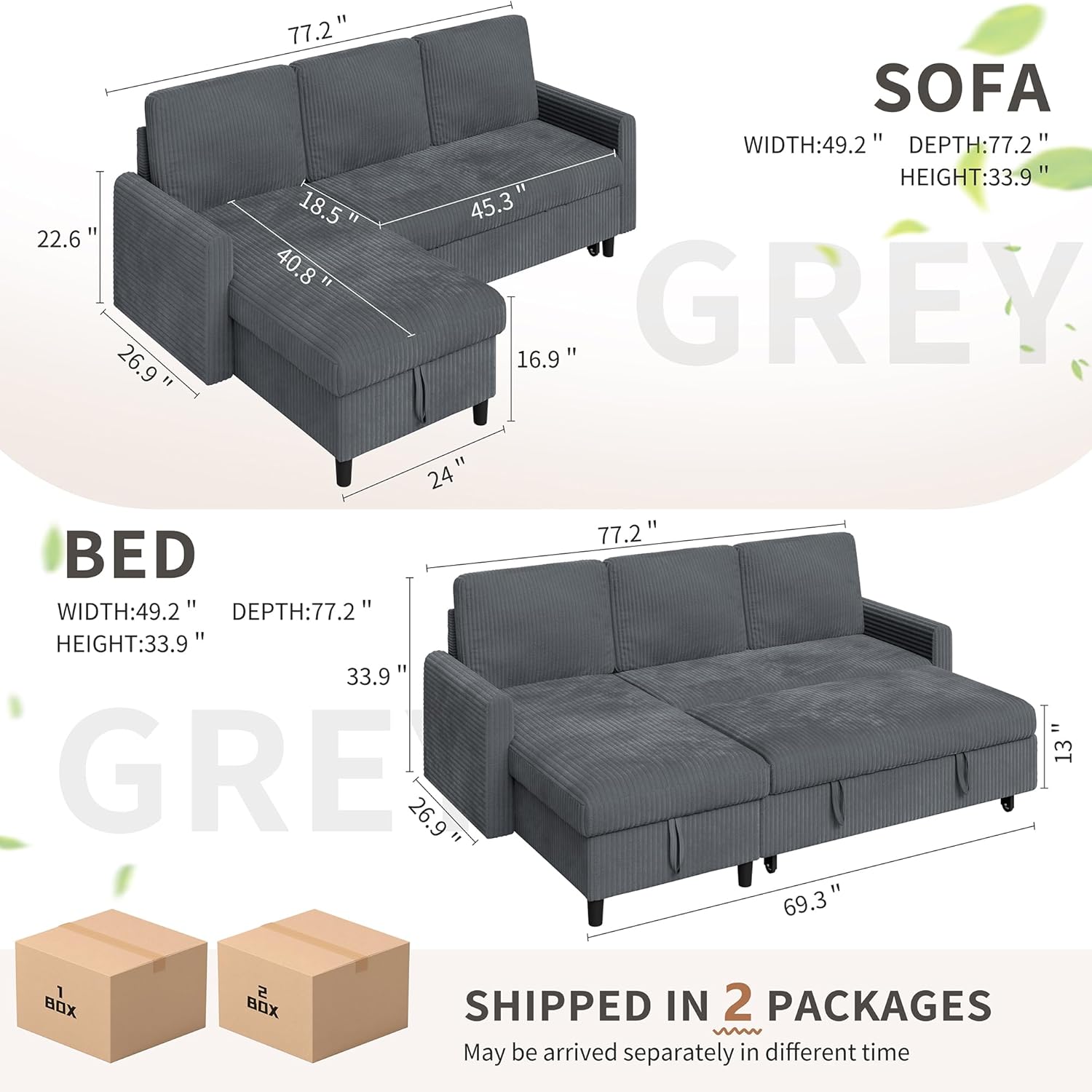 Nuturelly Sectional Sleeper Sofa, Pull Out Couch Bed with Hidden Storage Chaise, Comfy Corduroy Sofa Bed, Reversible L Shaped Sectional Couches for Living Room, Apartment, Office(Dark Gray)