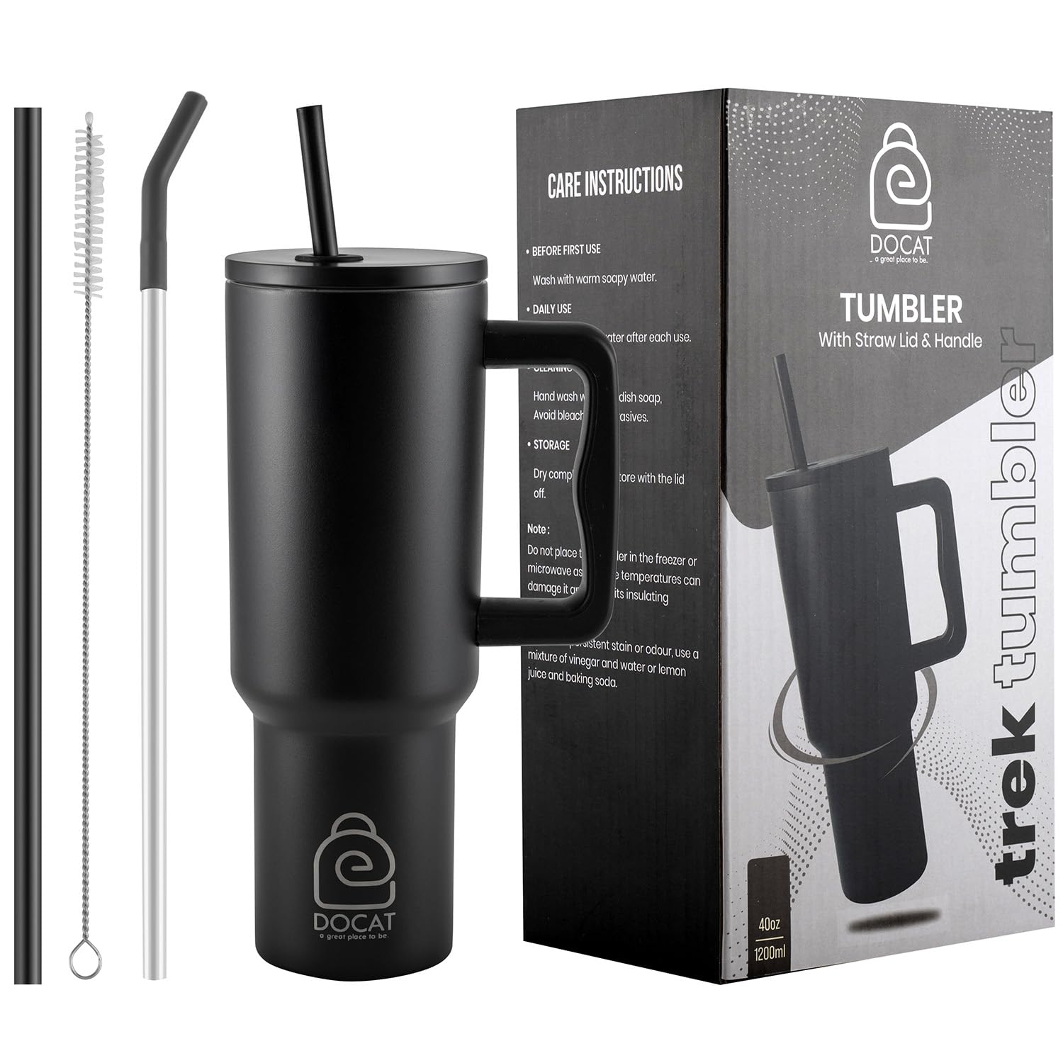 DOCAT 1200ML Stainless Steel Tumbler with Lid and Straw, Hot and Cold Double Insulated Sipper Mug, 100% Leak Proof Coffee Tumbler Cupholder for Office, Gym, Travelling (Midnight Black)