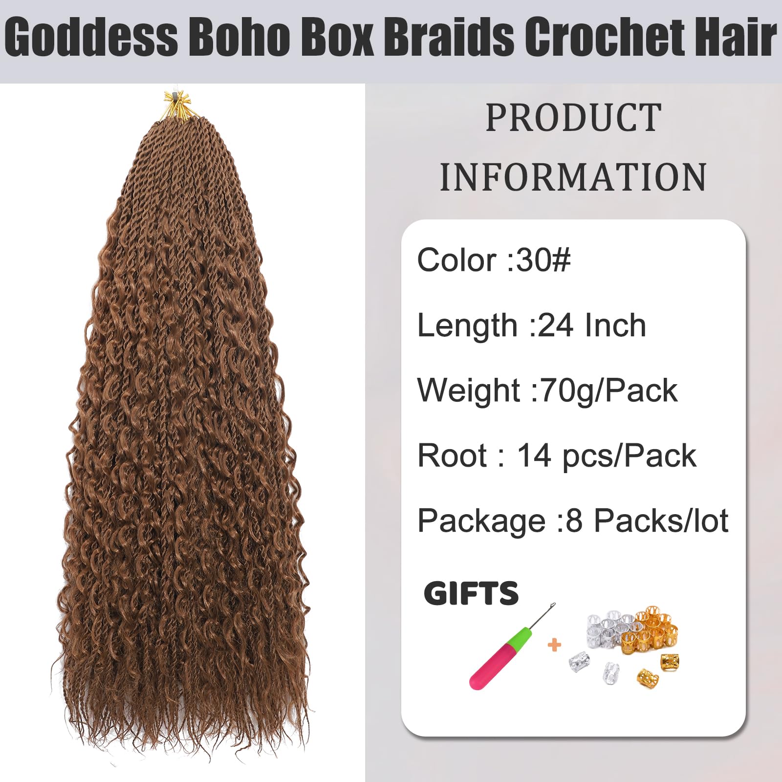 BLTYXT Goddess Boho Box Braids Crochet hair 24 Inch 8 Packs Pre Looped Water Wave Crochet Hair for Women Hair Extension (30 - Image 2
