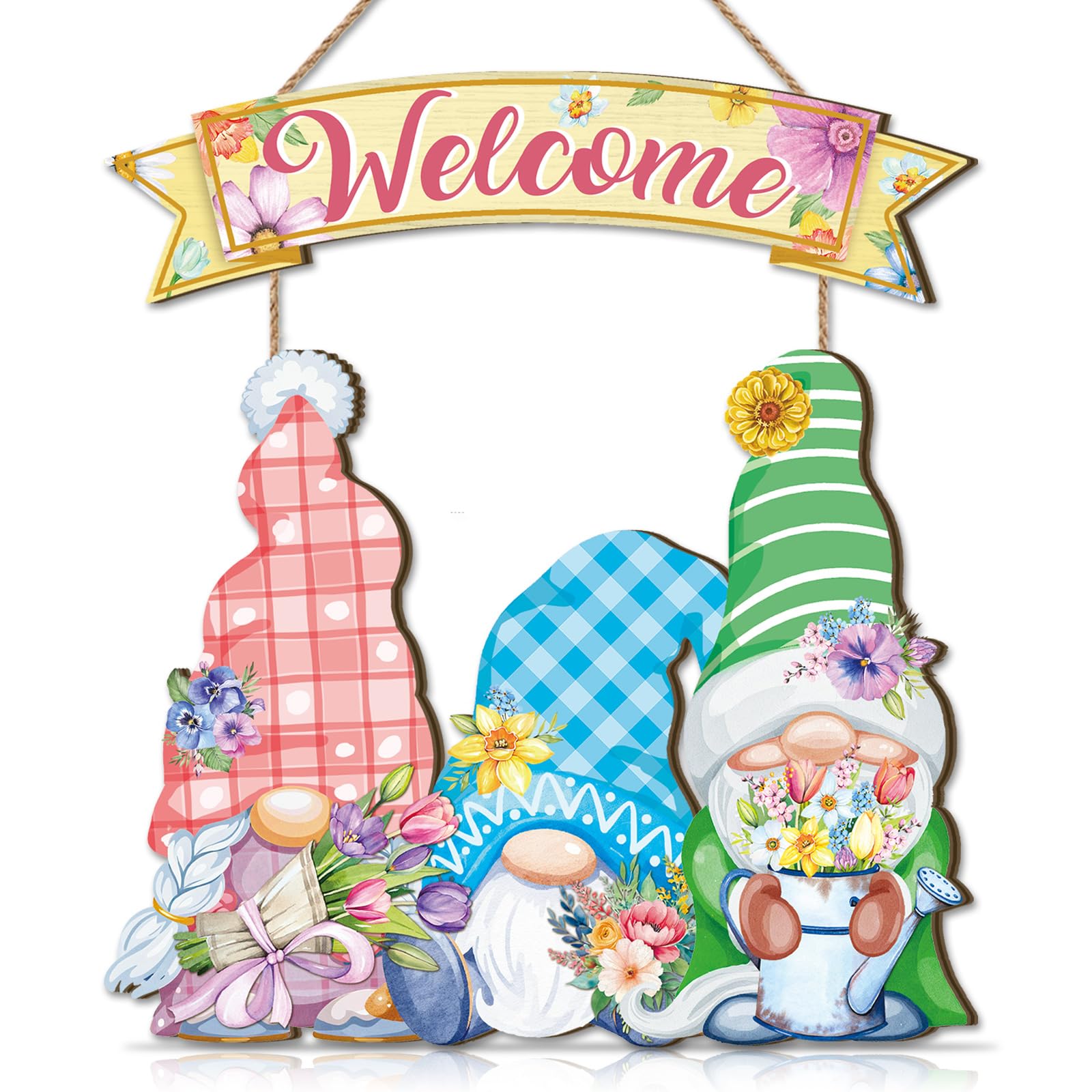 CHDITB Türkranz Frühling Deko,Frühlings Willkommensschild für Haustür,Gnomen Garten Dekoration,Bunte Blumen Gnomen Türdeko,Vintage Blumen Wilkommensdeko für Haustür Vordertür Veranda Garten Tor