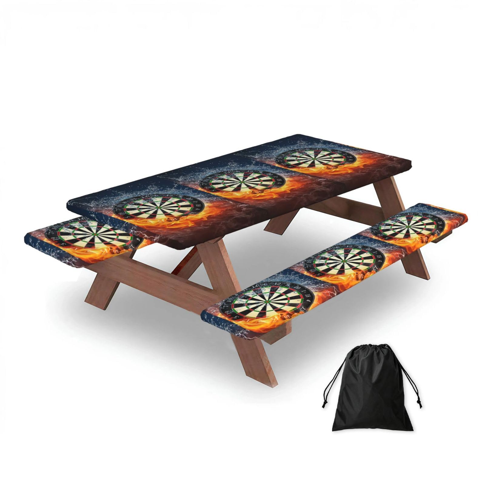 Dart Board Printed, Picnic Table Cover With Bench Covers -Waterproof Elastic Fitted Tablecloth for Garden Camping Patio 76x152cm