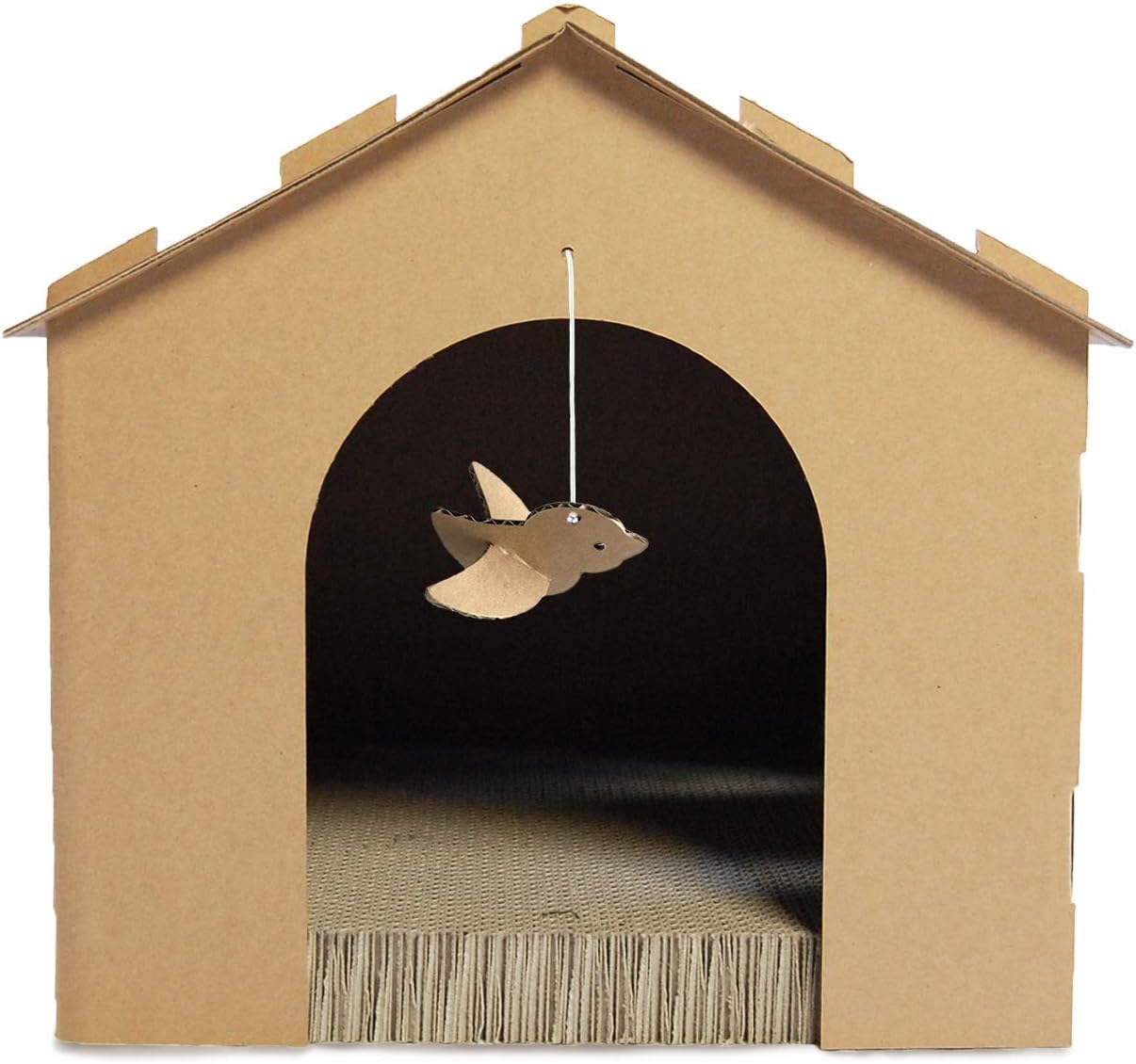 Furhaven Cardboard Cat House Gingerbread House, Cat Hideout Scratcher with Detachable Hanging Toys