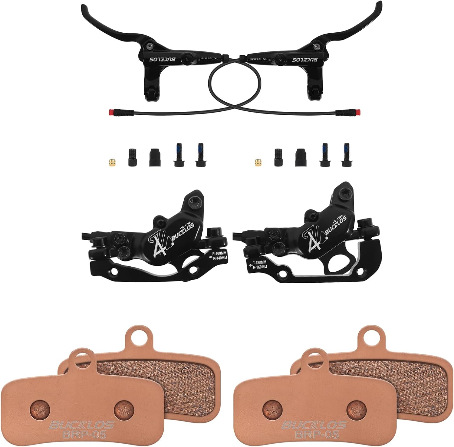 BUCKLOS HD-E735 2-PIN 4 Pistons E-Bike Electric Power Off Hydraulic Disc Brake Set and BRP-05 Sintered Metal Brake Pads - Bicycle Disc Brake Pads