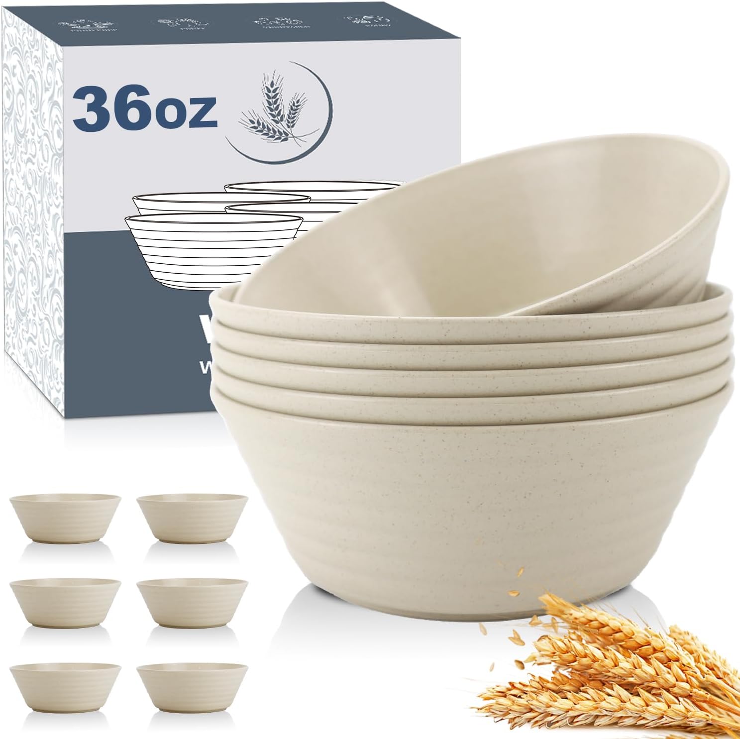 Wrova Wheat Straw Bowl Sets,6 PCS Unbreakable Cereal Bowl 36 OZ,Microwave and Dishwasher Safe Bowls,Soup Bowl Sets for Serving Soup,Oatmeal and Salad （Beige）