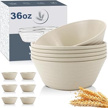 Wheat Straw Bowls 36oz, Unbreakable Plastic Cereal Bowls Set of 6 | Reusable Plastic Bowls Microwave Safe, Dishwasher Safe Bowls, BPA Free kitchen Bowls for Serving Oatmeal and Salad, Beige