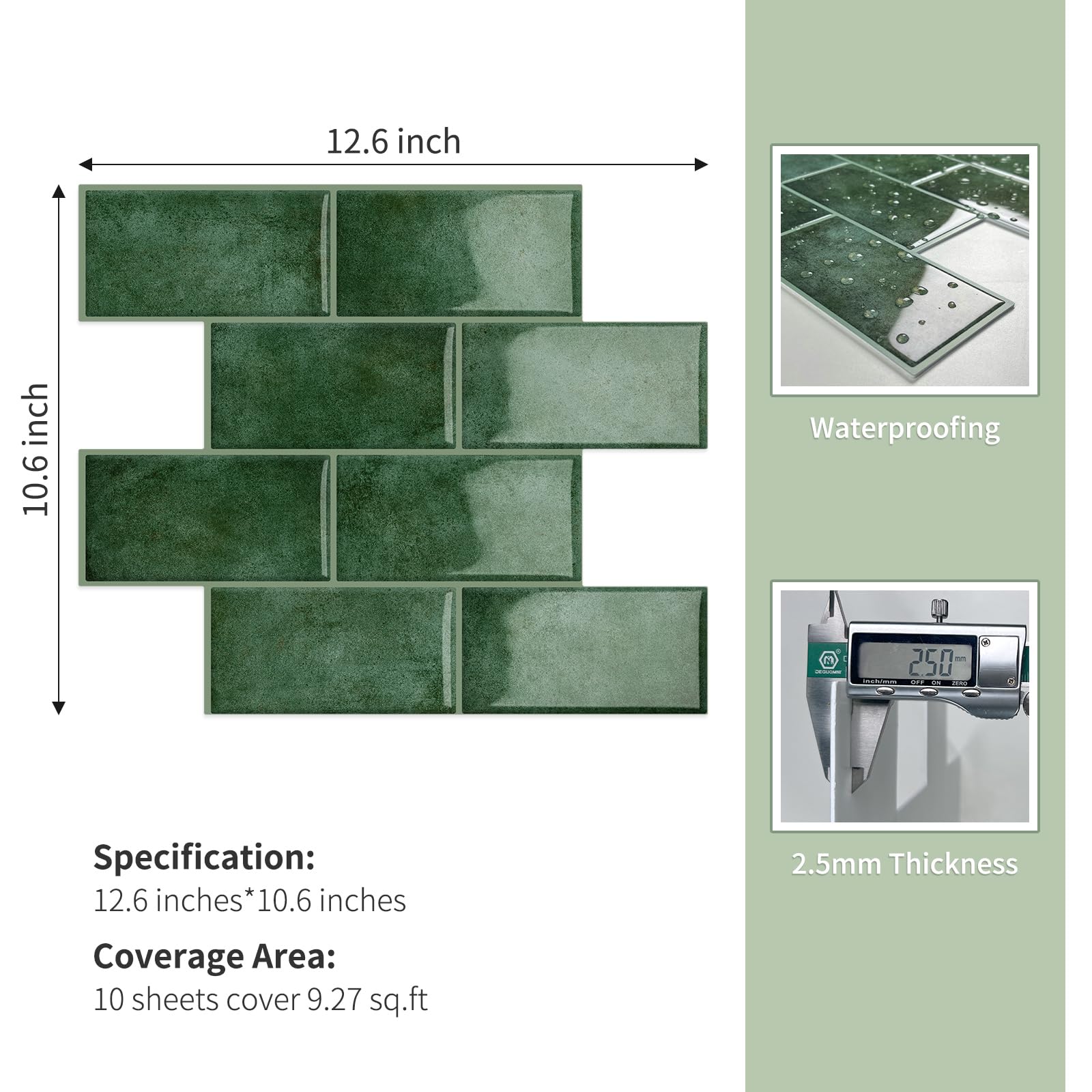 10-Piezas 3D Metro Adhesivo Grueso Azulejos Adhesivos Cocina | Autoadhesivos Vinilo Baldosas Azulejos Adhesivos, Baldosa Cuarto de baño Pared (Verde Claro,32 x 26.9CM)