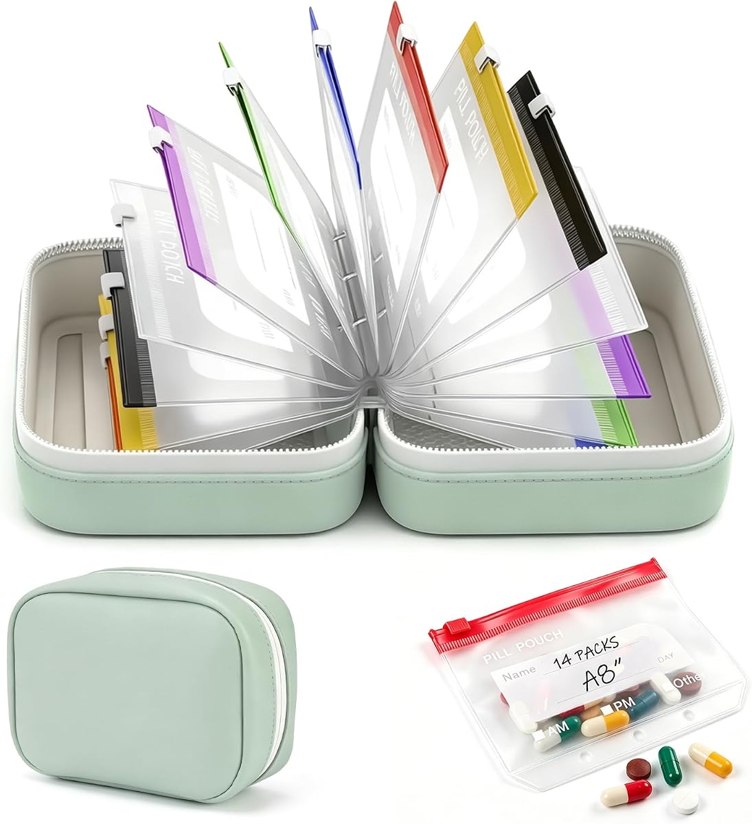 A8 Travel Pill Organizer with 14 Reusable Pill Pouches, | Waterproof Pill Pouch Set, Large 7 Day Twice-Daily Travel Medicine Case for Purse, Compact Daily Pills Holder (Green)