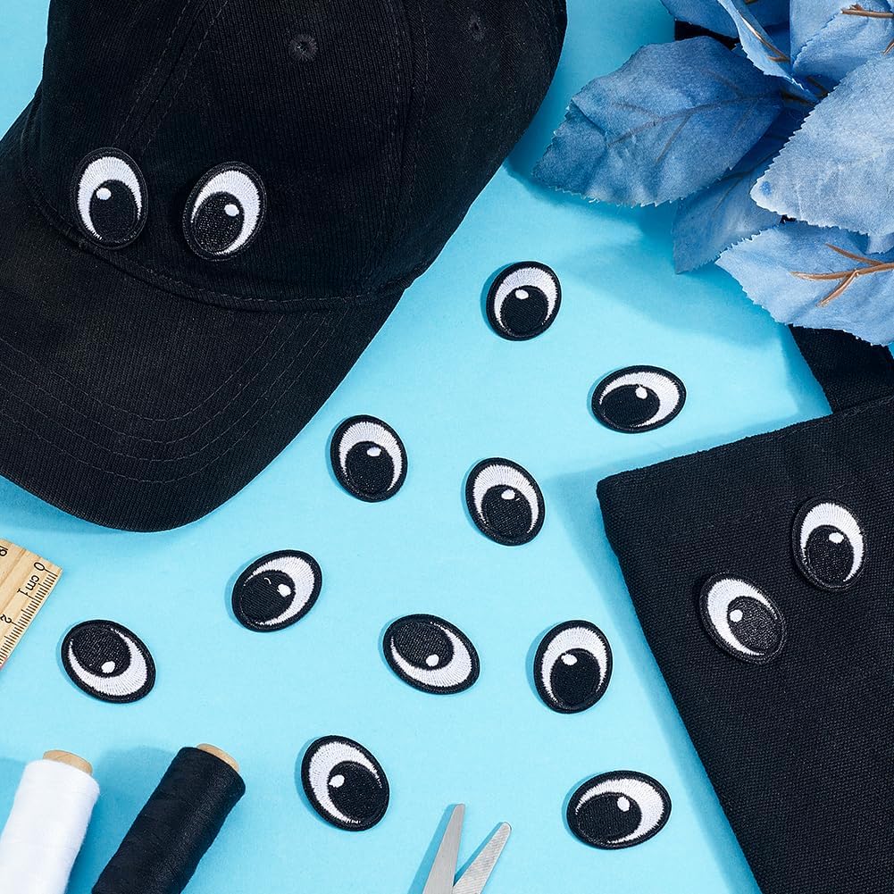 PH PandaHall 20 Pairs Oval Eyes Iron on Patches, 31.5x24mm Black White Embroidered Eyes Appliques Cartoon Eye Sew on Patches Art Supplies for DIY Clothing Costume Hat Bags Stuffed Animals