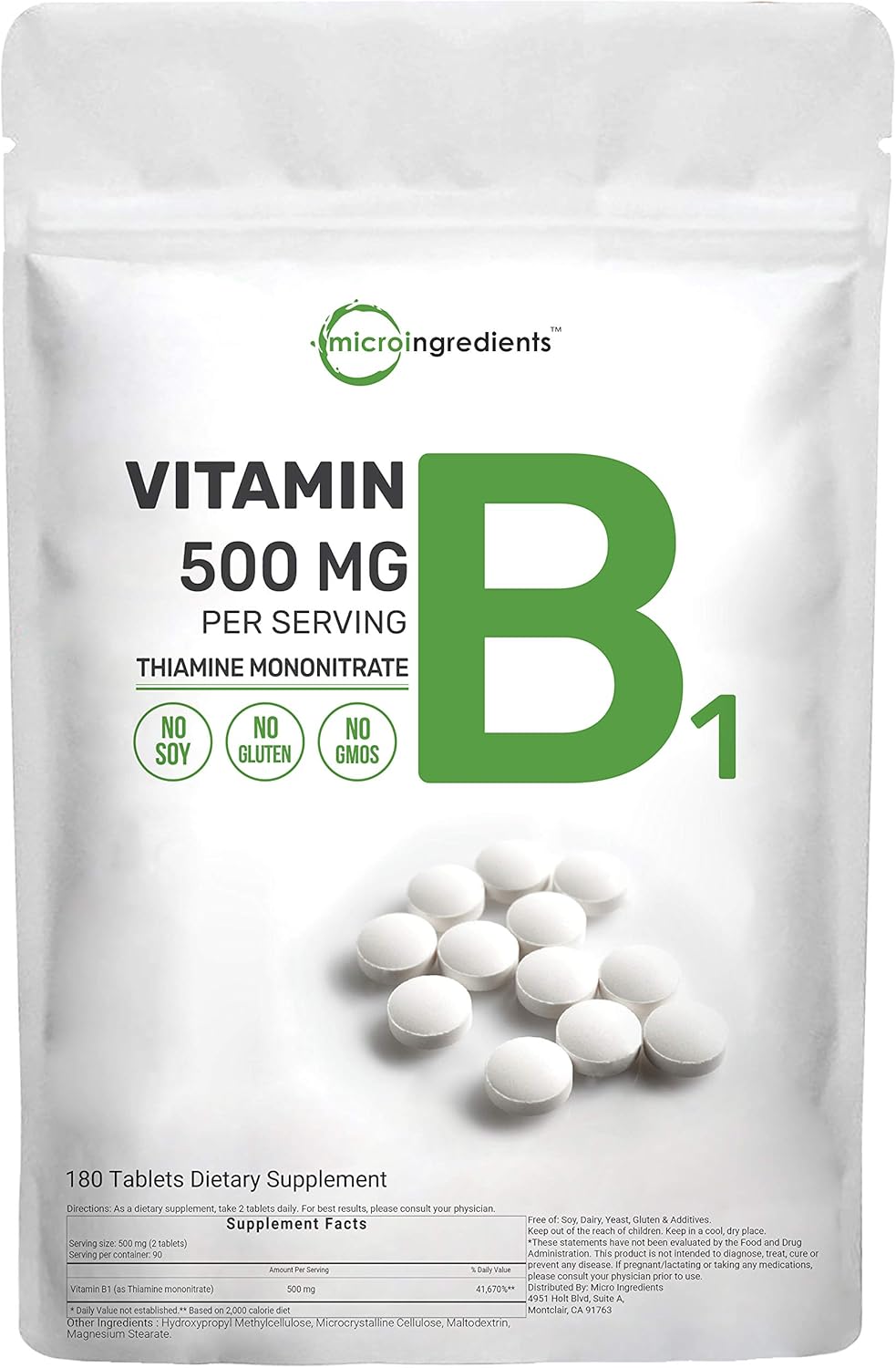 Micro Ingredients Vitamin B1 Supplement, Vitamin B1 500mg Per Serving, 180 Tablets, Support Metabolism and Healthy Nervous System, Non-GMO, Easy to Swallow : Health & Household
