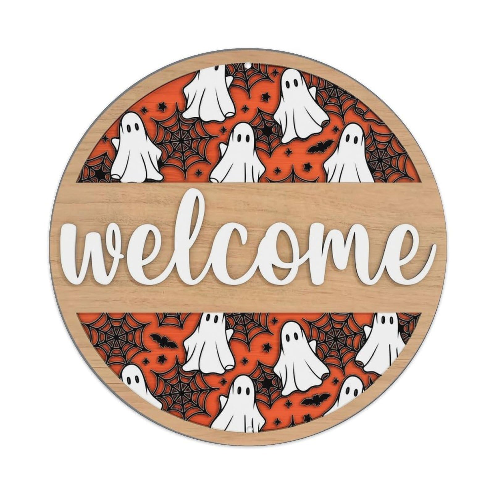 Ghost Spiderweb Orange Black Bat Round Tin Sign Vintage Metal Sign Home Bar Garden Indoor & Outdoor Wall Decor Retro Metal Poster 8x8 Inch