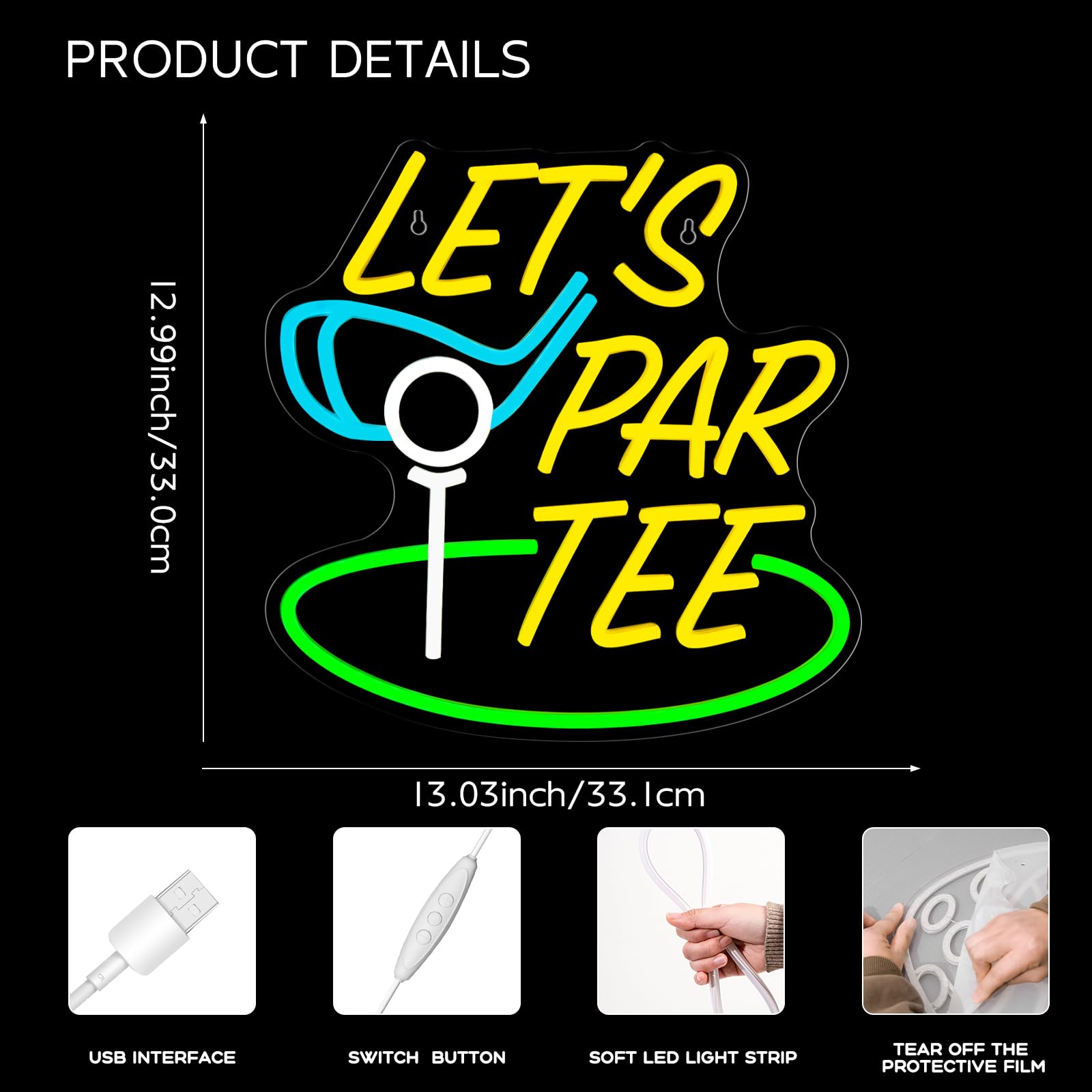 Neonowy znak golfowy Let's Par Tee, dekoracja ścienna, ściemniana, zasilana przez USB, LED, do klubu golfowego, sportu, na siłownię, do baru, biura, sypialni, męskiej jaskini, na imprezę, prezenty