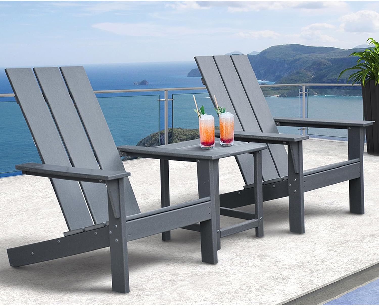 Skypatio Adirondack Chair Set of 2 with Side Table, All-Weather Patio Fire Pit Chairs High-Density Polyethylene Adirondack Chairs for Porch, Balcony, Deck, Lawn, Backyard, Grey
