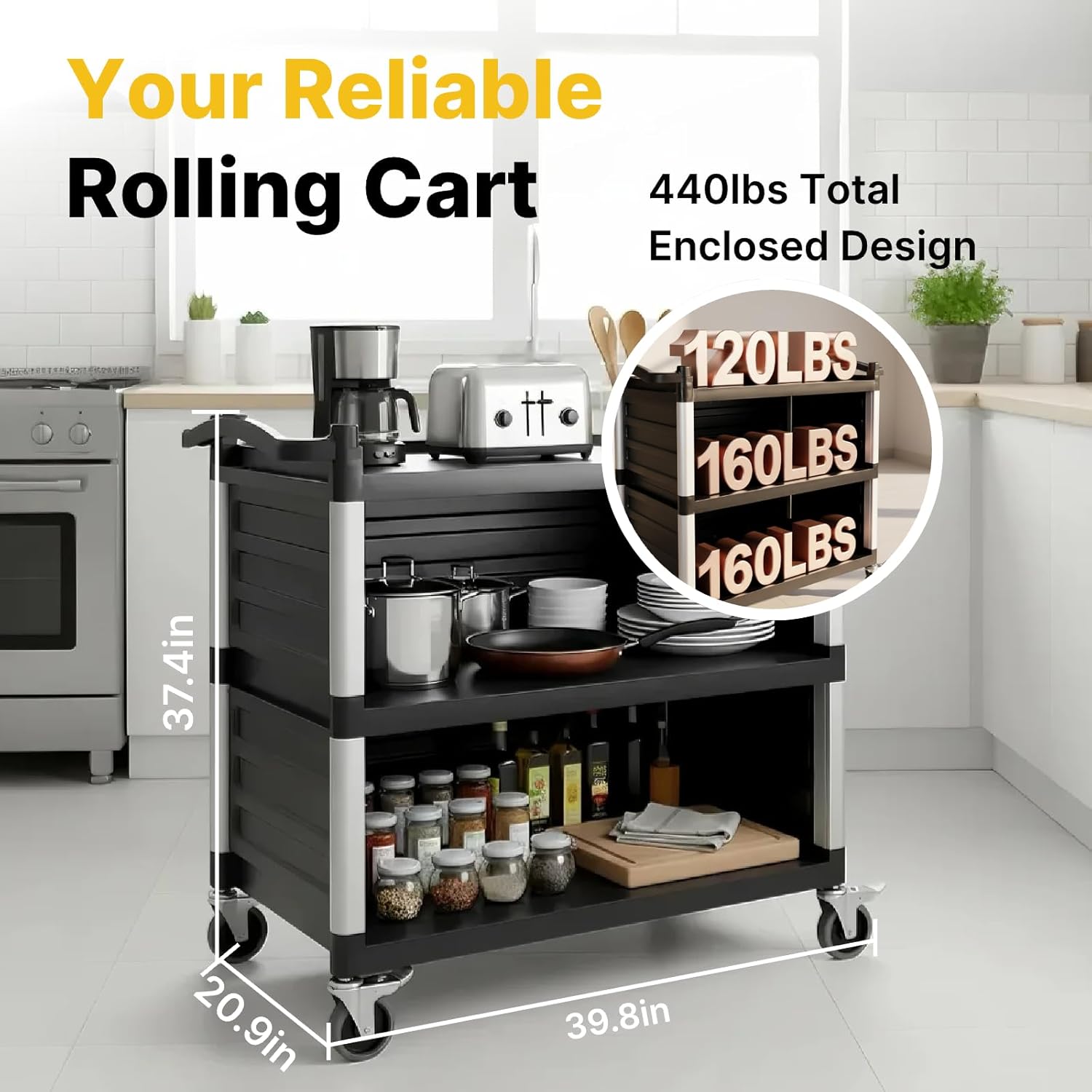 NorthSky Select Dual-Handle Utility Service Cart, 3 Shelves, 440 lb. Capacity -Black Plastic Shelves, Lockable Swivel Casters - Suitable for Hospital, Lab, Hotel, Office Transport & Organizing