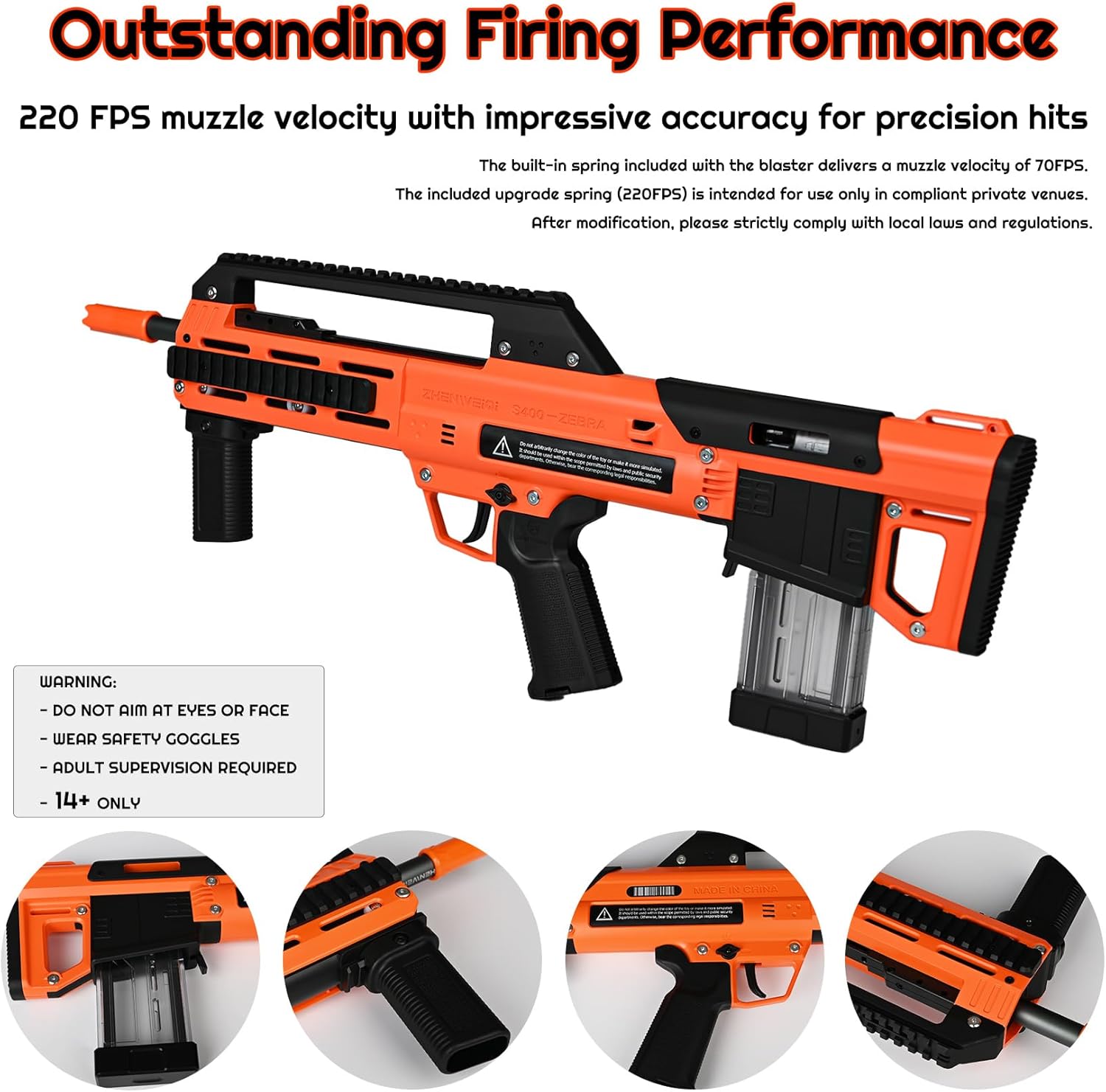 Zhenweiqi Zebra S400 Short Dart Blaster, 200 FPS High-Performance Manual Foam Blaster with 10-Round Magazine, Compatible with Standard Short Darts (Orange)