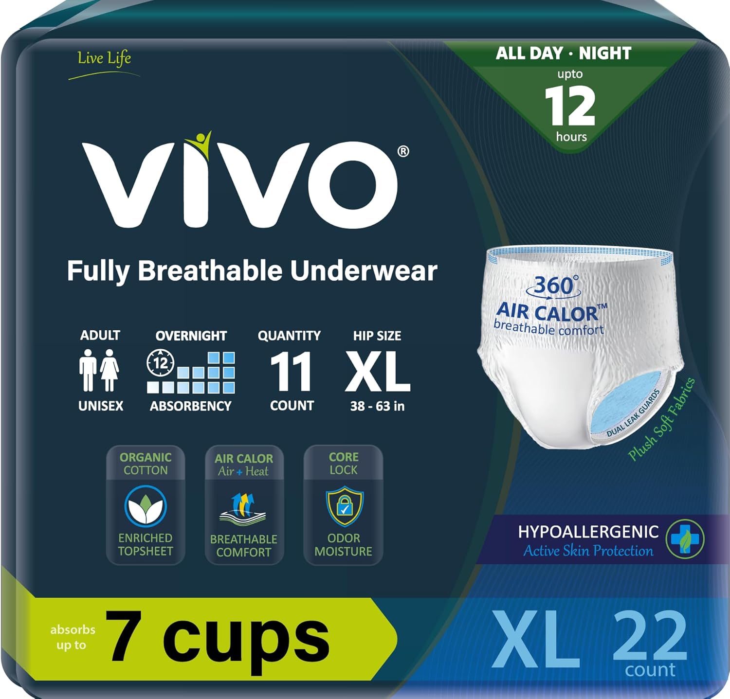 SOME MISSING VIVO Organic Cotton Sensitive Skin Overnight Adult Incontinence Pullup Underwear, Women & Men, X-Large 22 Count X-Large (22 ct) Pullup Underwear