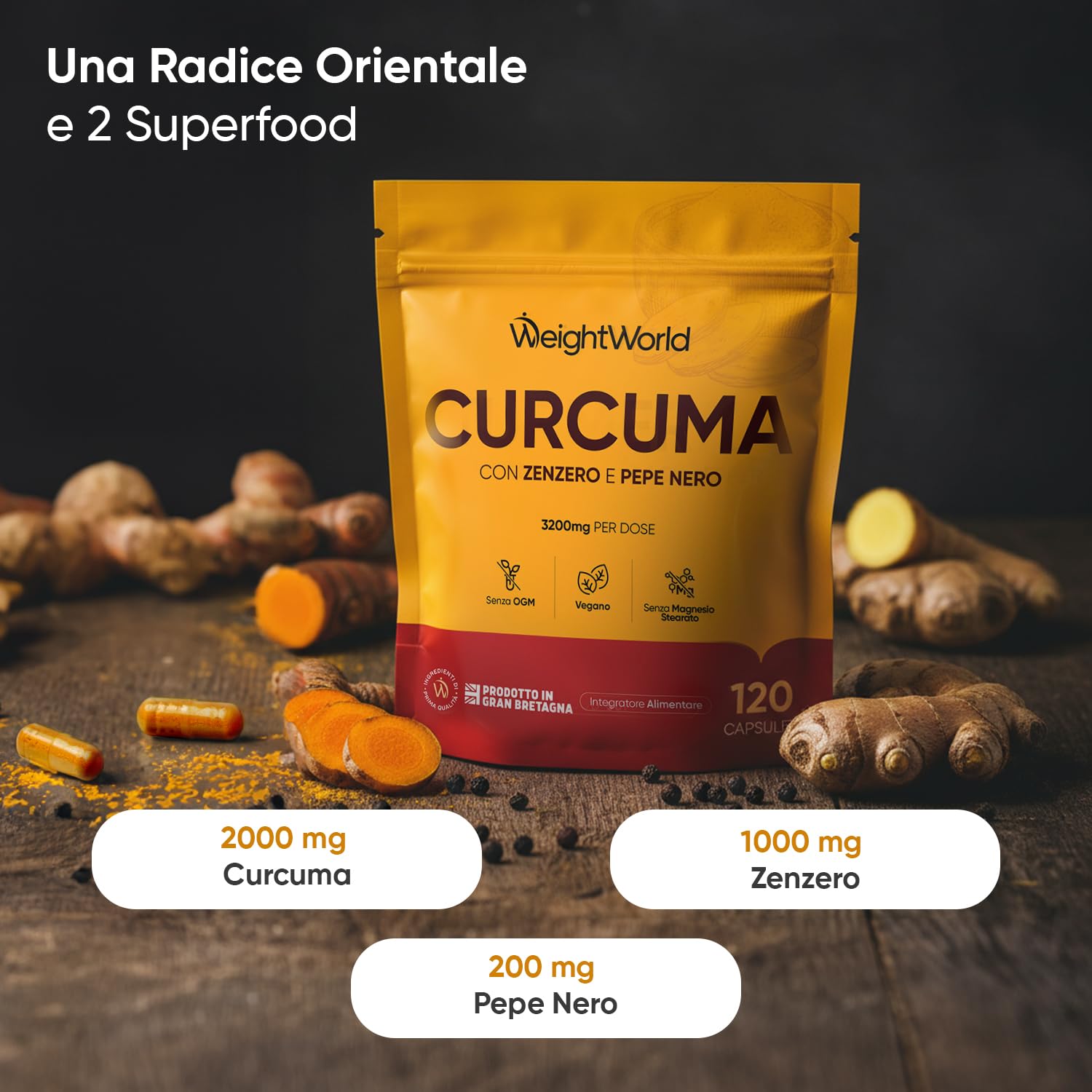 Curcuma Piperina Zenzero Integratore, 3200mg per Dose, 120 Curcuma Capsule Vegane con Pepe Nero (Piper Nigrum) e Zenzero (Zingiber Officinale), Senza Magnesio Stearato e OGM, Prodotto nel Regno Unito