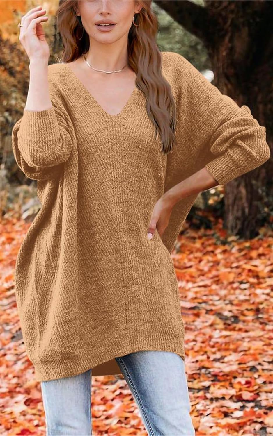 PRETTYGARDEN Women's Pullover Sweater Dress Casual Long Sleeve Ribbed Knit V Neck Loose Oversized Sweaters Dresses