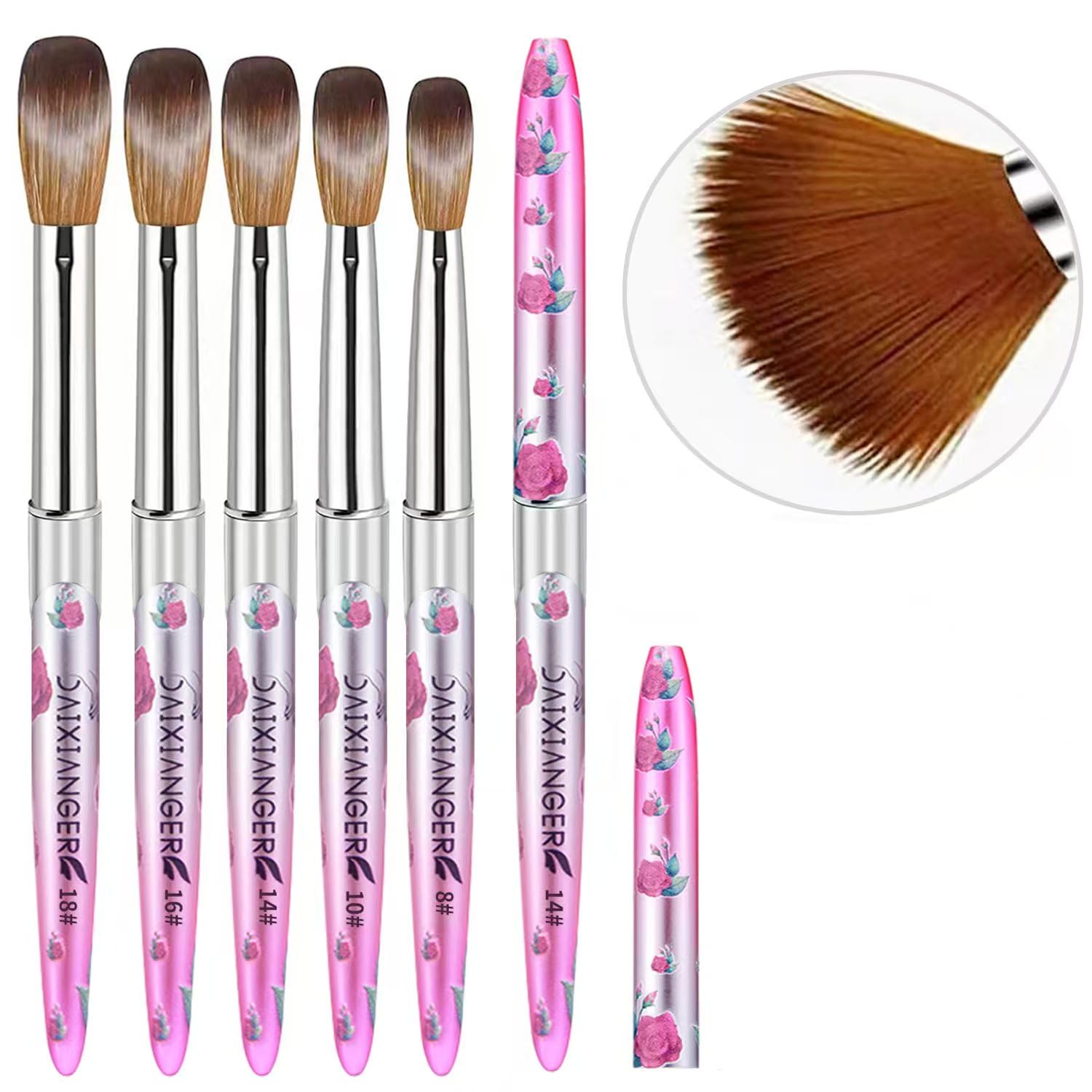 5PCS Acrylic Nail Brush Set - Size 8/10/14/16/18 Brushes for Acrylic Powder Application, 3D Carving & Nail Art Extension, Pink Flower Handle Nail Tools for DIY Salon Manicure