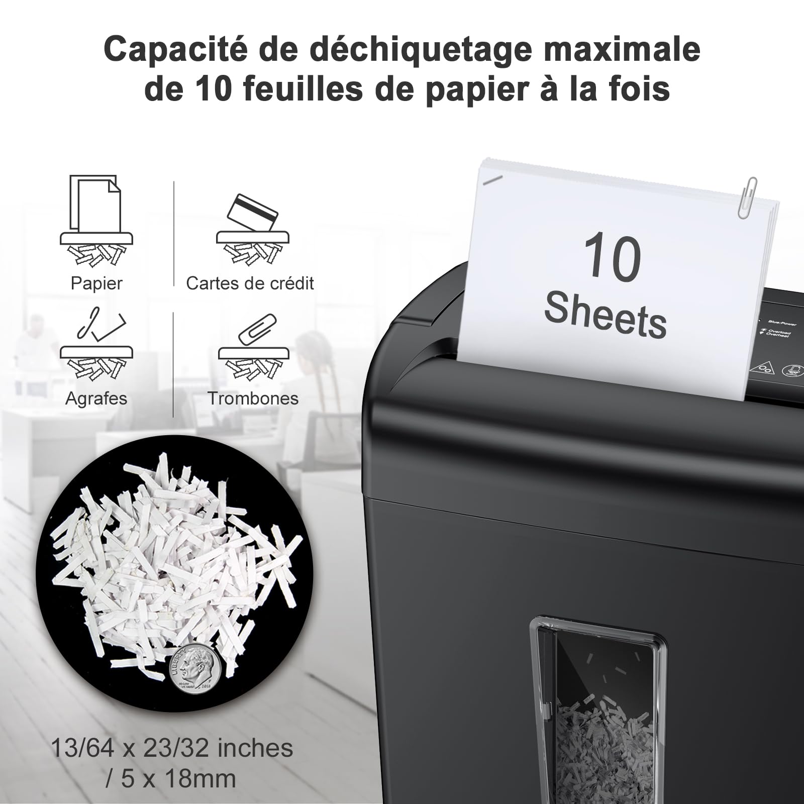 Bonsaii destructeur de papier 10 feuilles coupe croisée niveau sécurité P4 corbeille 21L C209-D