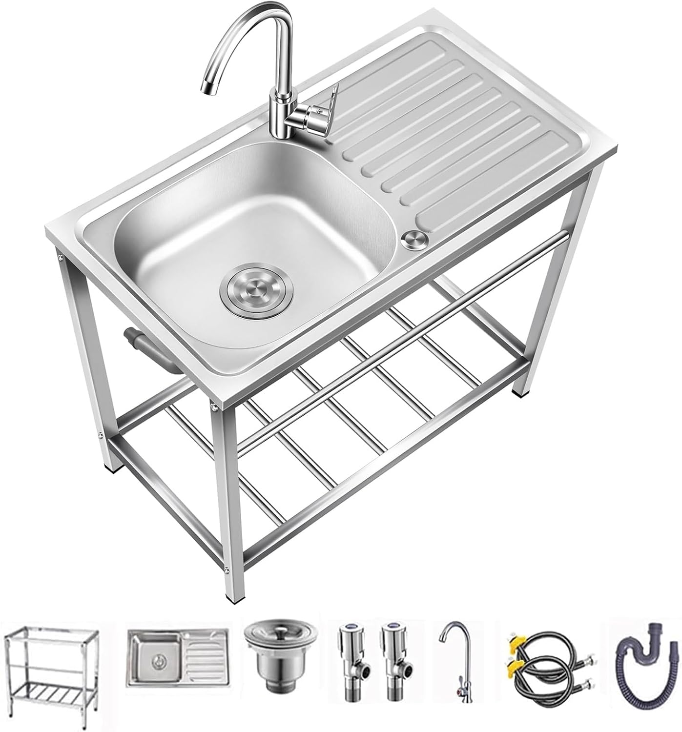 Outdoor Utility Sink,Free Standing Stainless Steel Laundry Tub, Single Bowl Portable Washing Hand Basin Station,fish Cleaning Table&Storage Shelves for Garage, Restaurant, Kitchen,Camping, Backyard 29.5*15.7*29.5in Single layer