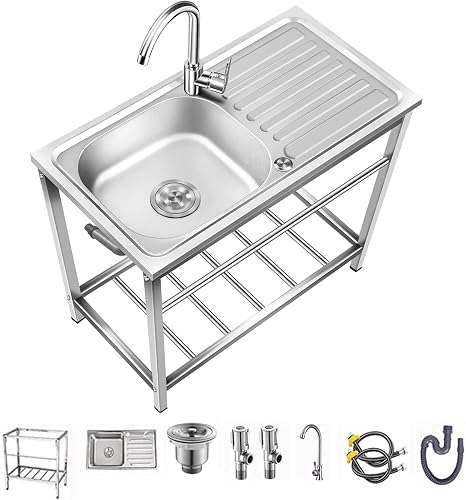 Outdoor Utility Sink,Free Standing Stainless Steel Laundry Tub, Single Bowl Portable Washing Hand Basin Station,with Cleaning Table&Storage Shelves for Garage, Restaurant, Kitchen,Camping, Backyard(Si