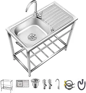 Outdoor Utility Sink, Free Standing Stainless Steel Laundry Tub, Single Bowl Portable Washing Hand Basin Station, Fish Cleaning Table&Storage Shelves for Garage, Restaurant, Kitchen, Camping, Backyard