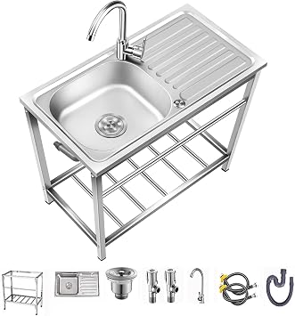 Outdoor Utility Sink,Free Standing Stainless Steel Laundry Tub, Single Bowl Portable Washing Hand Basin Station,fish Cleaning Table&Storage Shelves for Garage, Restaurant, Kitchen,Camping, Backyard