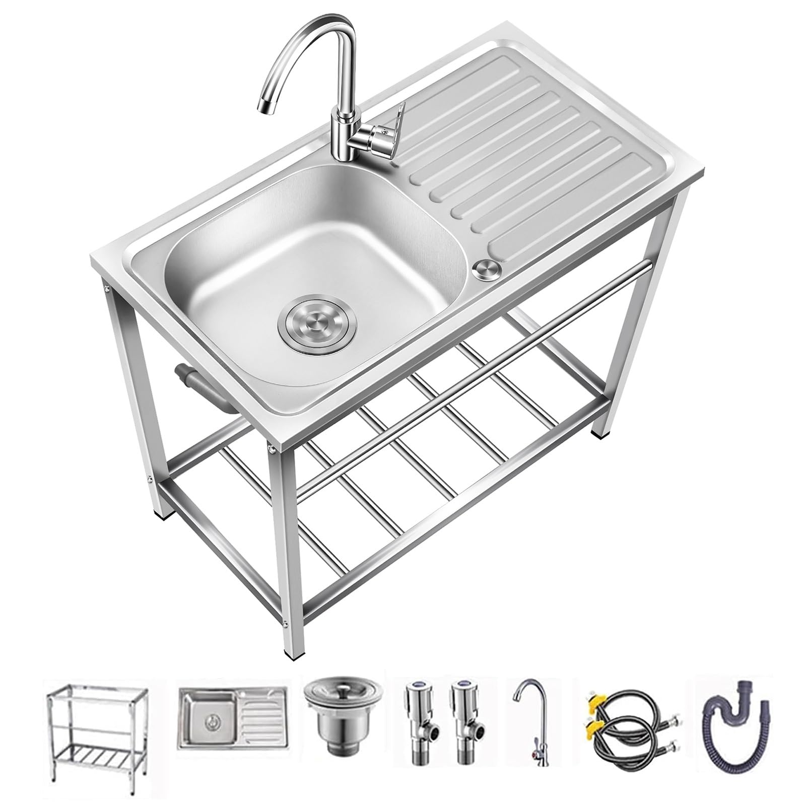 Outdoor Utility Sink,Free Standing Stainless Steel Laundry Tub, Single Bowl Portable Washing Hand Basin Station,fish Cleaning Table&Storage Shelves for Garage, Restaurant, Kitchen,Camping, Backyard